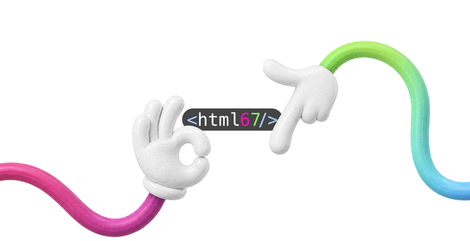 HTML67 — two hands holding the <html67/> logo